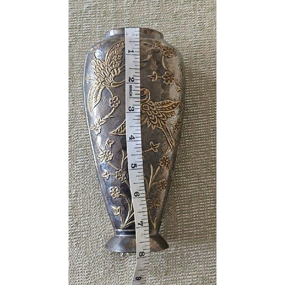 SOLID BRASS Vase INDIA Birds & Flowers Silver & Gold - Picture 5 of 7